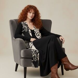 Vintage Mr Max Black Cream Abstract Pattern Long Line Open Front Cardigan Size S